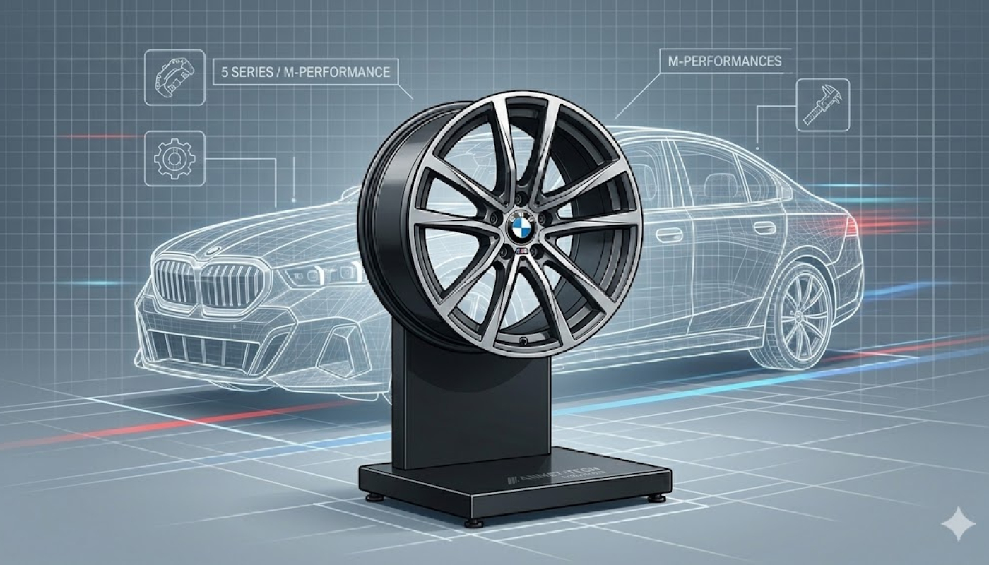 Nowoczesne, czarne metalowe stojaki ekspozycyjne prezentujące oryginalne felgi BMW serii 5 w jasnym, przeszklonym salonie samochodowym.