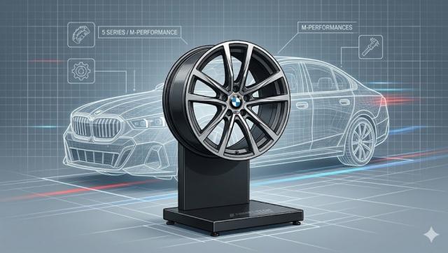 Nowoczesne, czarne metalowe stojaki ekspozycyjne prezentujące oryginalne felgi BMW serii 5 w jasnym, przeszklonym salonie samochodowym.