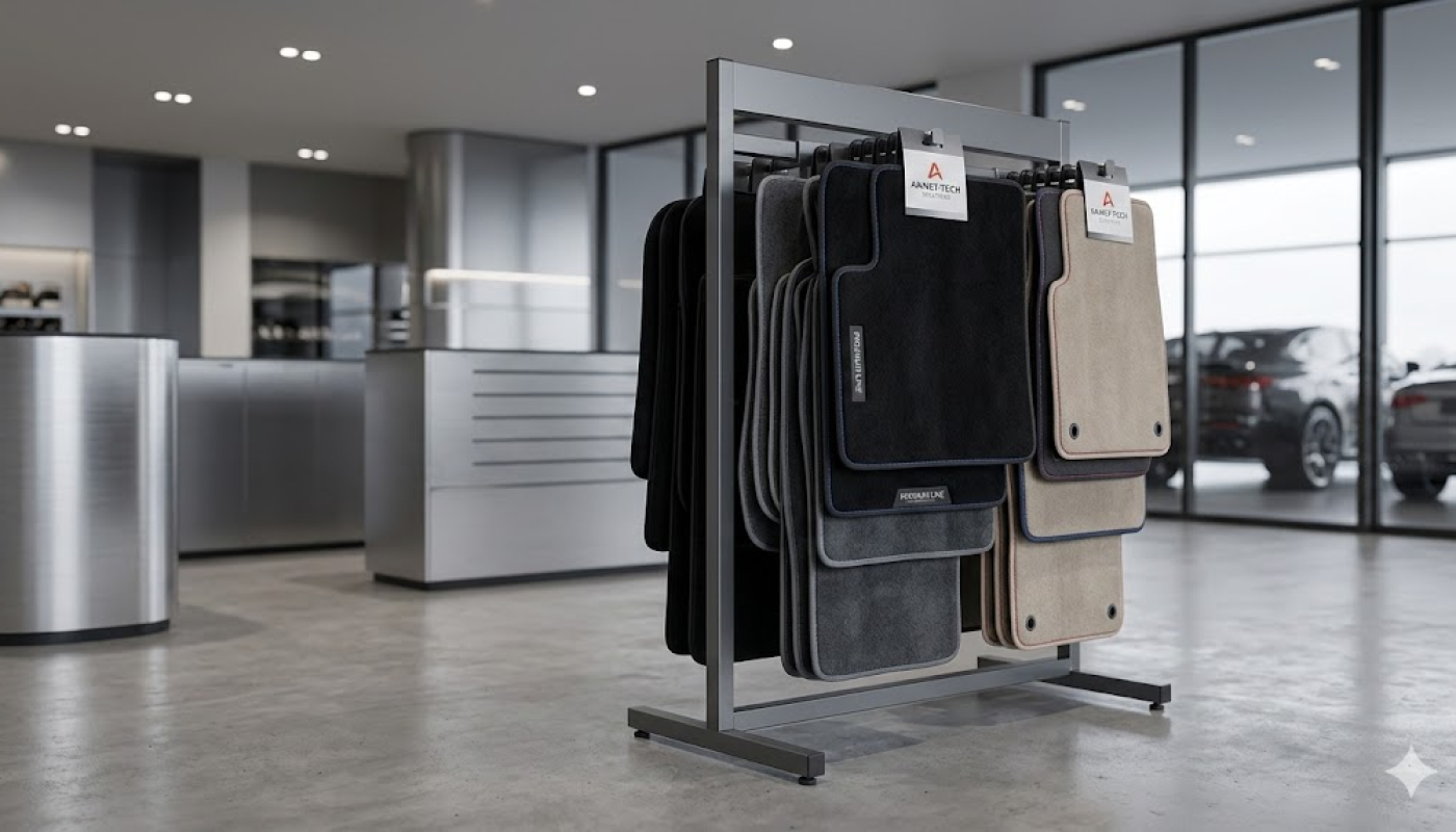 Wytrzymały metalowy stojak ekspozycyjny z czarnymi dywanikami tekstylnymi w nowoczesnym sklepie z akcesoriami samochodowymi.