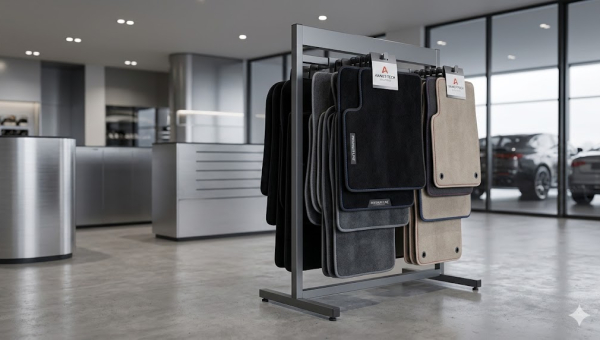 Wytrzymały metalowy stojak ekspozycyjny z czarnymi dywanikami tekstylnymi w nowoczesnym sklepie z akcesoriami samochodowymi.