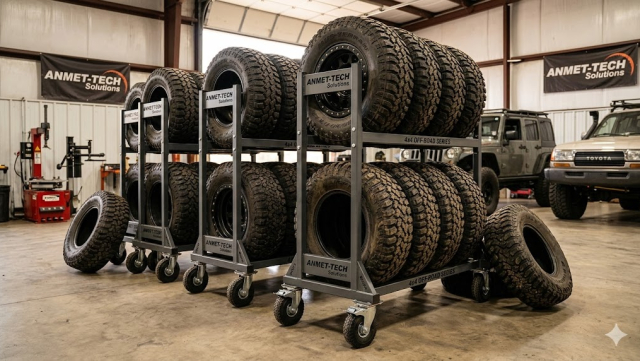 Solidny, metalowy mobilny regał z trzema poziomami załadowany dużymi oponami terenowymi (off-road) z felgami, w profesjonalnym warsztacie off-road