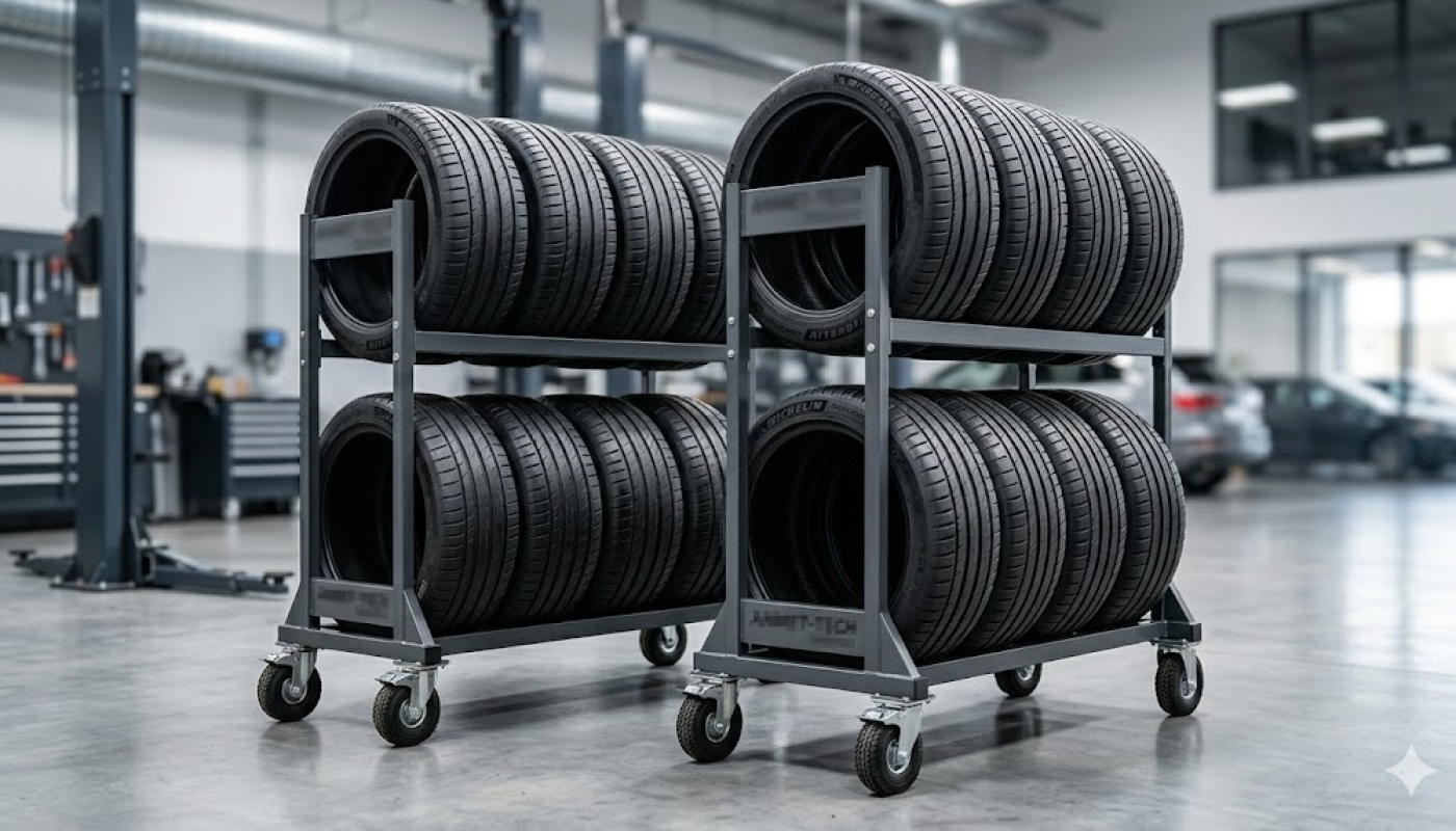 Profesjonalny niebiesko-żółty regał mobilny na opony Michelin, wykonany z metalu, z kompletem opon Pilot Sport, stojący w nowoczesnym warsztacie samochodowym.