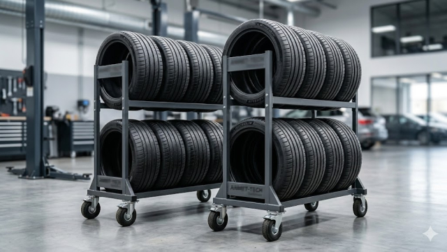 Profesjonalny niebiesko-żółty regał mobilny na opony Michelin, wykonany z metalu, z kompletem opon Pilot Sport, stojący w nowoczesnym warsztacie samochodowym.