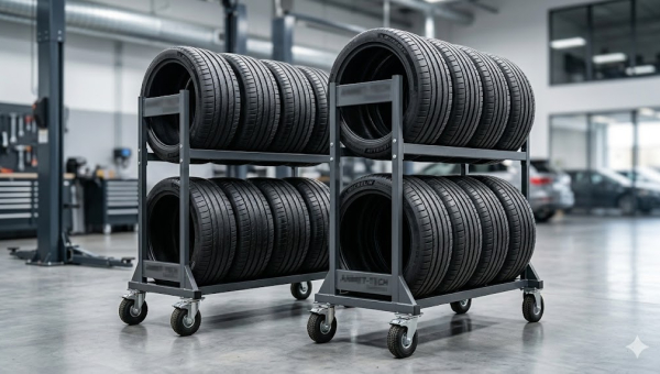 Profesjonalny niebiesko-żółty regał mobilny na opony Michelin, wykonany z metalu, z kompletem opon Pilot Sport, stojący w nowoczesnym warsztacie samochodowym.