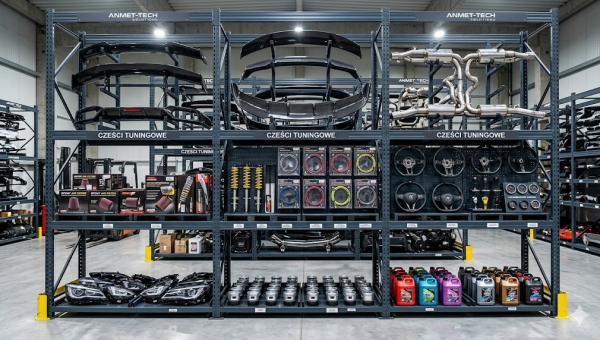 Wielopoziomowy, wzmocniony regał metalowy Anmet-Tech w busyhurtowni części tuningowych, załadowany różnorodnymi akcesoriami, takimi jak karbonowe spoilery, układy wydechowe, zawieszenia gwintowane i kierownice.