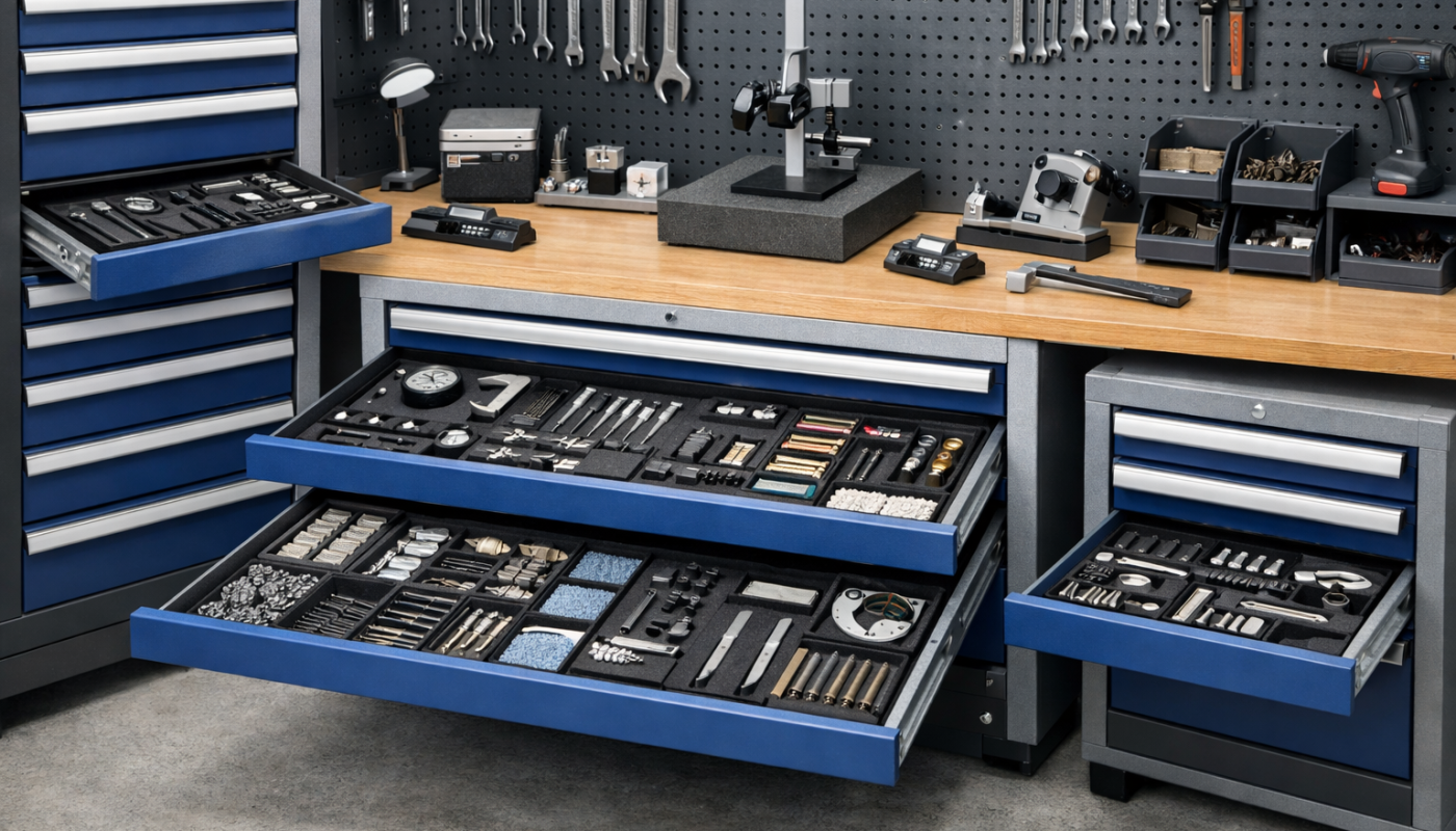 Meble warsztatowe z szufladami na narzędzia precyzyjne