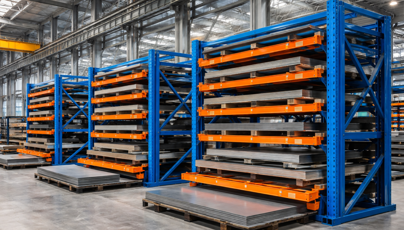 Regały do składowania blach metalowych w fabryce